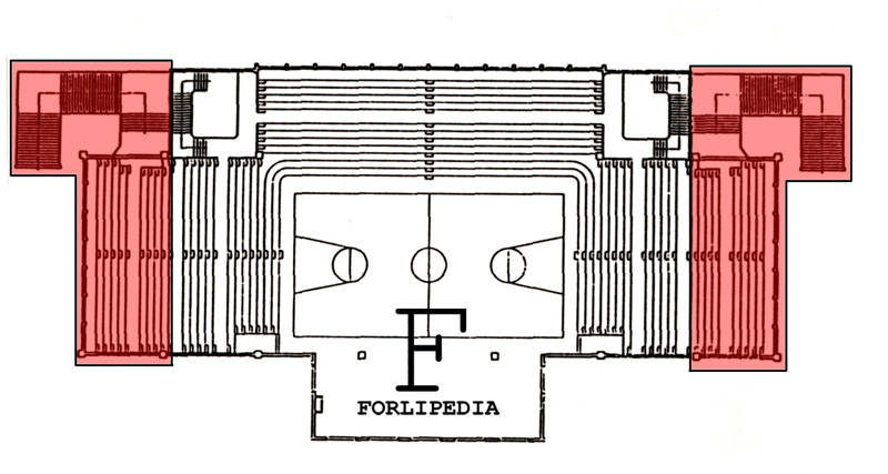 In rosso l'ampliamento delle gradinate realizzato nel 1976. Elaborazione Forlipedia.