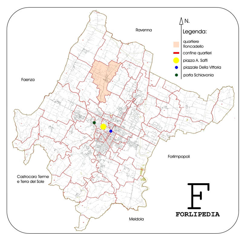 Mappa di base tratta dal sito ufficiale del Comune di Forlì: www.comune.forli.fc.it. Elaborazione grafica Forlipedia.