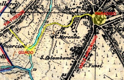 Il percorso che conduce al Paradiso dalla via Firenze, attraverso il guado, è tracciato sulle mappe dell’Istituto Geografico Militare realizzate nel 1894.