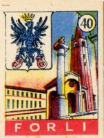 Stemma del Comune di Forlì. in una figurina della prima metà del '900. Collezione privata.