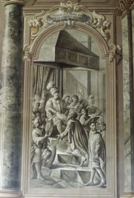 Nel 1241 Federico II concede ai forlivesi l’uso dell’aquila sveva sul proprio stemma civico e la facoltà di battere moneta. Giuseppe Marchetti, affresco. Sala del Bibiena (XVIII) palazzo comunale.