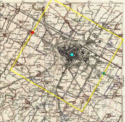 La Cerchia. Antica opera idraulica e amministrativa del territorio forlivese. Stralcio di mappa IGM, elaborazione grafica Forlipedia.   