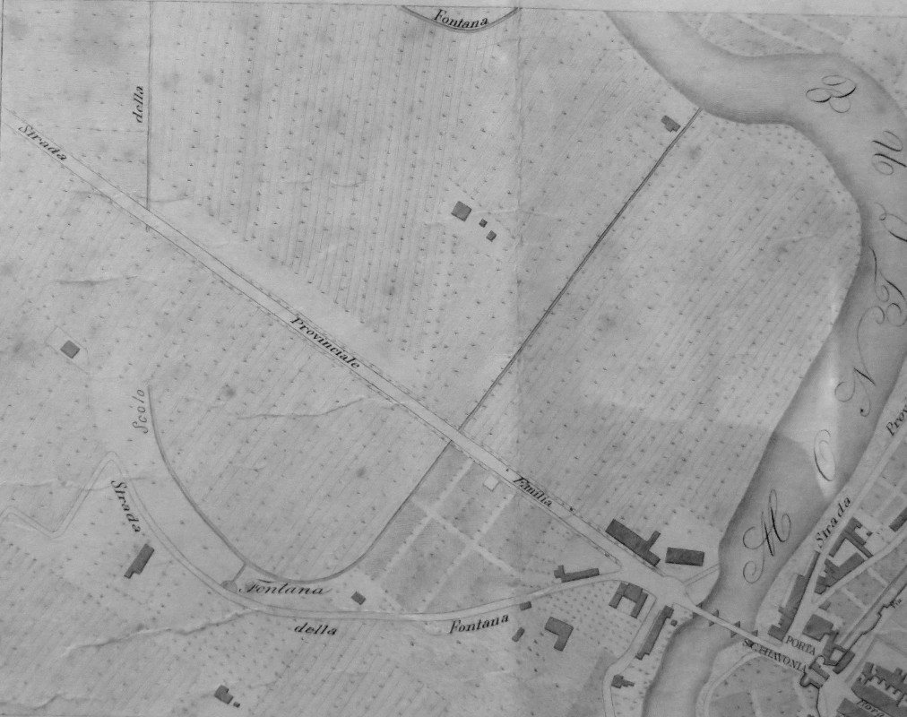 L’indicazione precisa della fontana di Riatti nella Carta Topografica del Regno d’Italia del 1873. La mappa riporta inoltre: “Strada della Fontana” e “Scolo della Fontana”. Raccolta privata.
