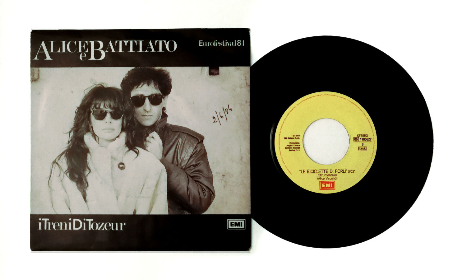 "Le Biciclette di Forlì". Retro del 45 giri di Alice e Battiato I Treni di Tozeur. 1984.